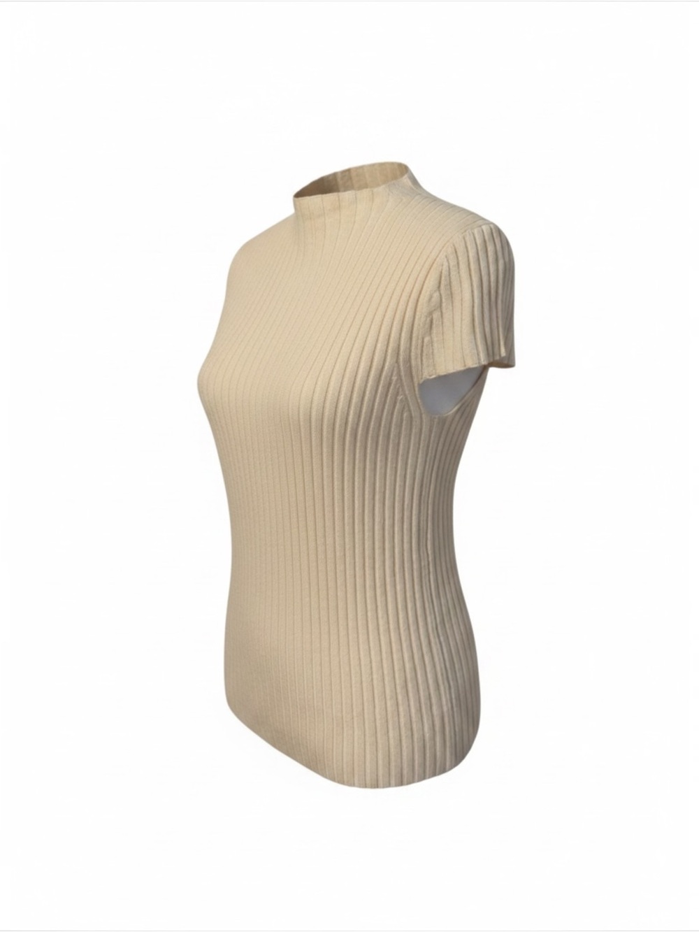 Aqua Cashmere Ribbed Mock Neck Short Sleeve Sweater Top - Cream